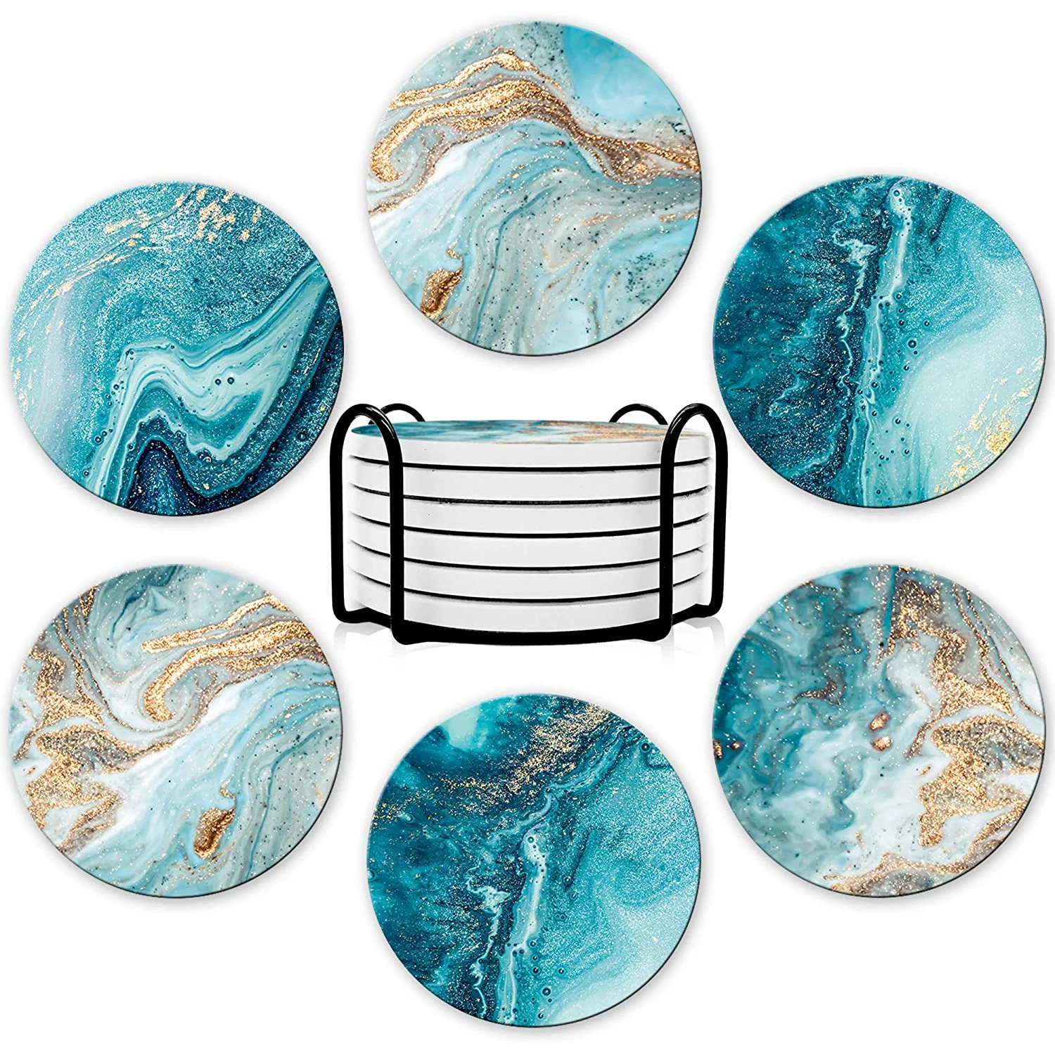 Marble Coaster Set - 6個入り飲料コースターセット（ブラケット付き）、大理石風、セラミック製飲料コースター、デスクトップ保護用