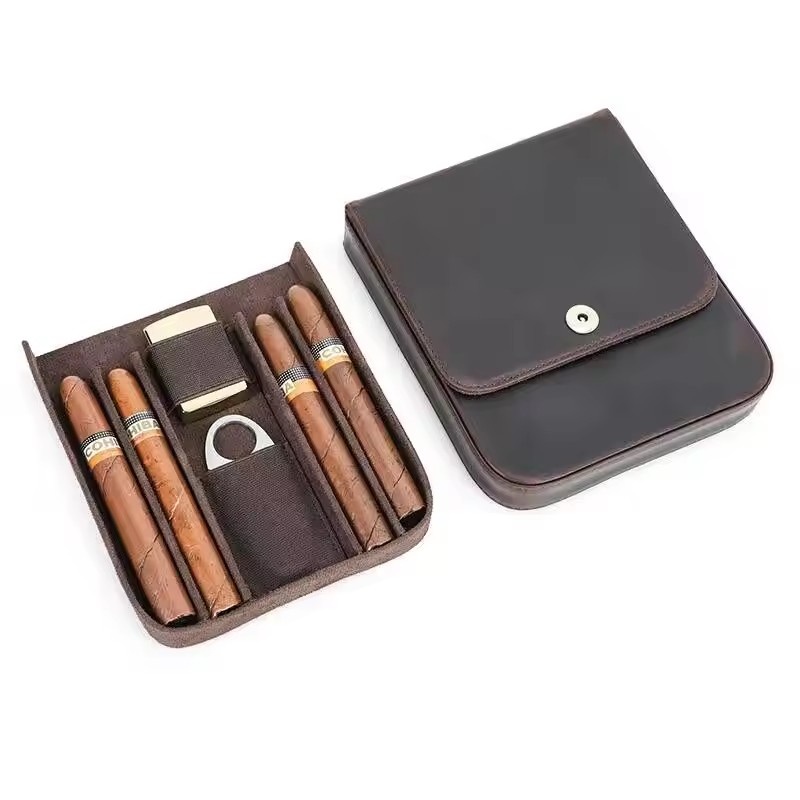 Premium Cigar Case - 携帯用シガーケース、ヒュミドールボックス、レトロなブラウン、高級レザー製、旅行用、保湿機能付き、4本収納、喫煙用アクセサリー
