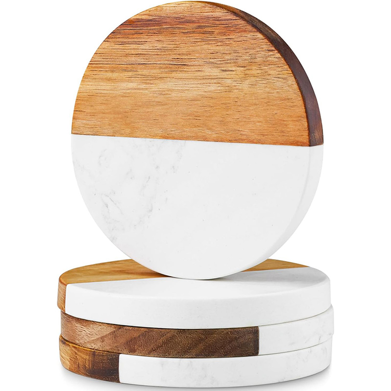 Marble Coaster Set - 4個入り大理石風アカシア木製コースター、丸型と四角型のドリンクコースターセット、モダンなコーヒーテーブルマット、プレースマット、カップパッド、ホームデコレーション、スタイリッシュなギフト