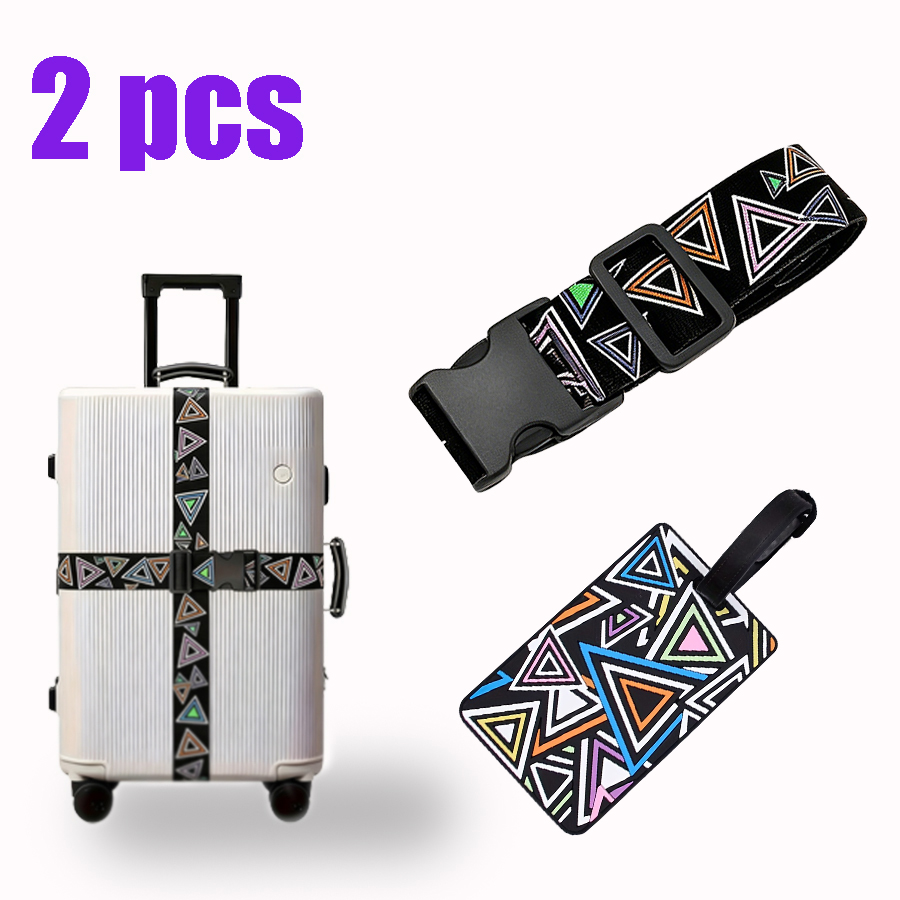 Travel Luggage Set - 黒地にカラフルな三角形のプリントが施された2ピースセットのラゲージストラップ、高弾性ポリエステル製バックルストラップ、紛失防止デザイン、PVCラゲージタグ、防水、調節可能で強化、空港旅行/出張/留学生向けトラベルアクセサリー