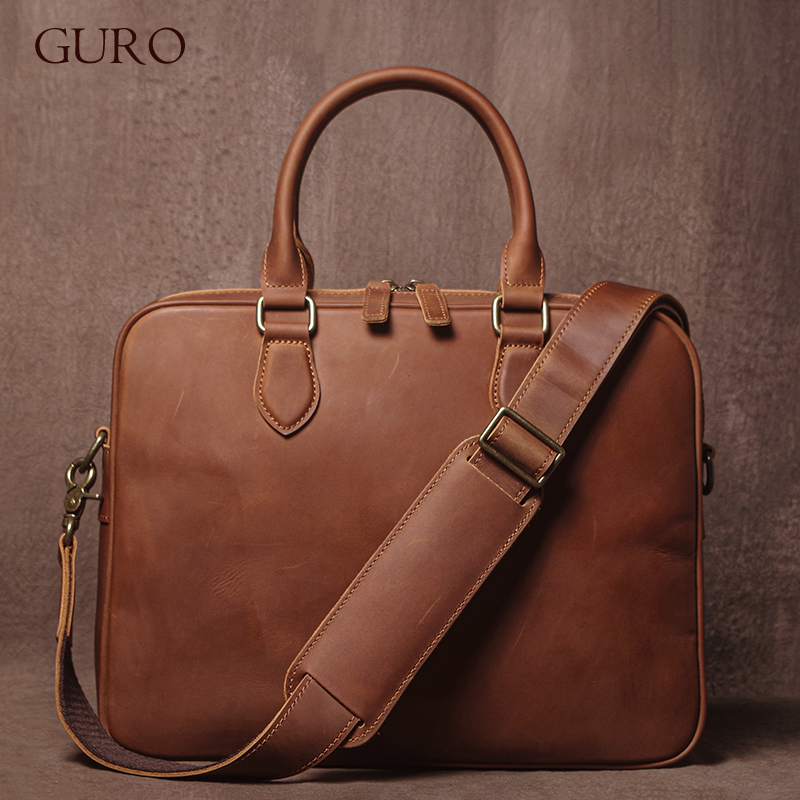 Leather Briefcase - GURO 男性クレイジーホース牛革ブリーフケース高級本革ハンドバッグシンプルな軽量ショルダーバッグファイルラップトップクロスボディバッグ
