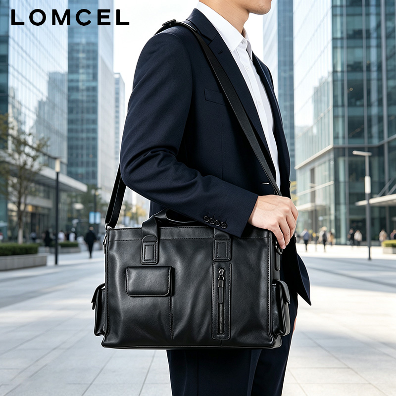 Leather Briefcase - LOMCEL P116、おしゃれなハンドバッグ。本革製で、ビジネスシーンにもカジュアルにも使える、大容量の16インチPC収納可能なショルダーバッグ。