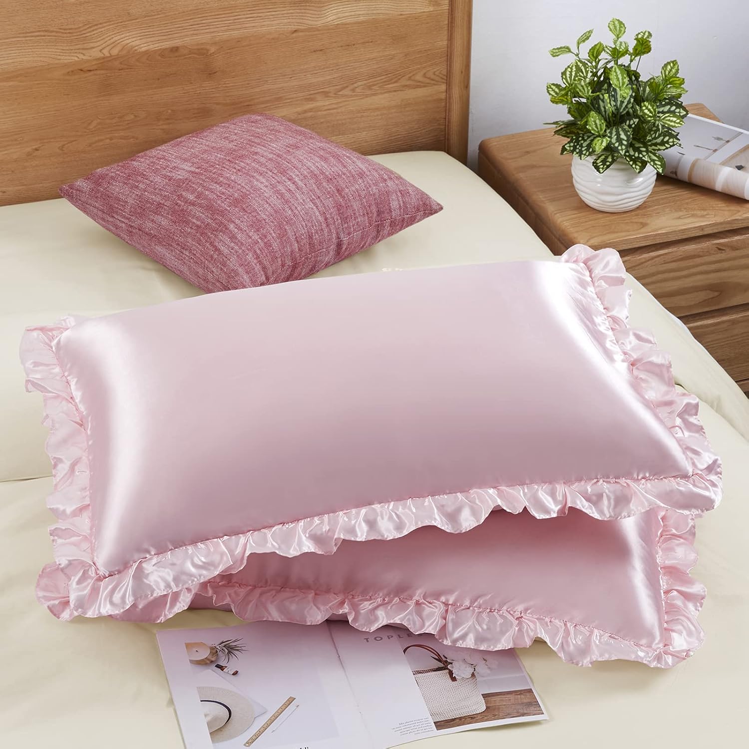 Silk Pillowcase - 2 個のサテンフリル枕カバー、髪と肌用、無地のシルク枕カバー、封筒開閉式、プリンセスルーム装飾。