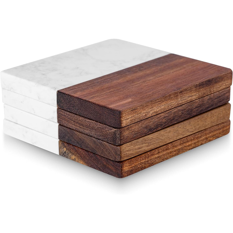 4個入り大理石風アカシア木製コースター、丸型と四角型のドリン - Marble Coaster Set のレビューと価格