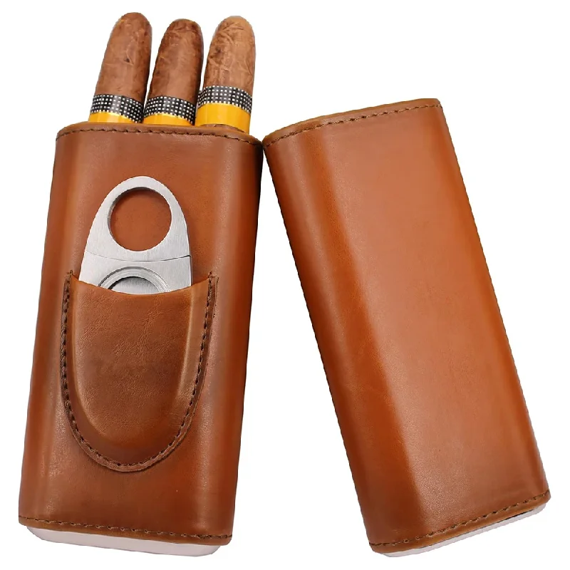 シガーカッター付きの3本指用レザーケース、携帯用トラベルホル - Premium Cigar Case のレビューと価格