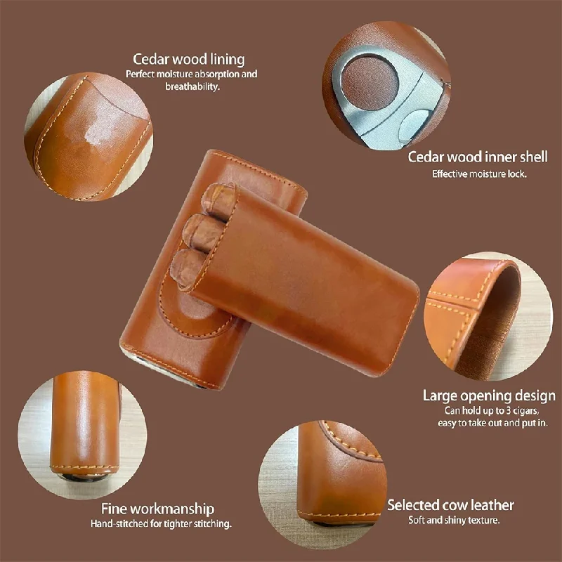 シガーカッター付きの3本指用レザーケース、携帯用トラベルホル - Premium Cigar Case のレビューと価格