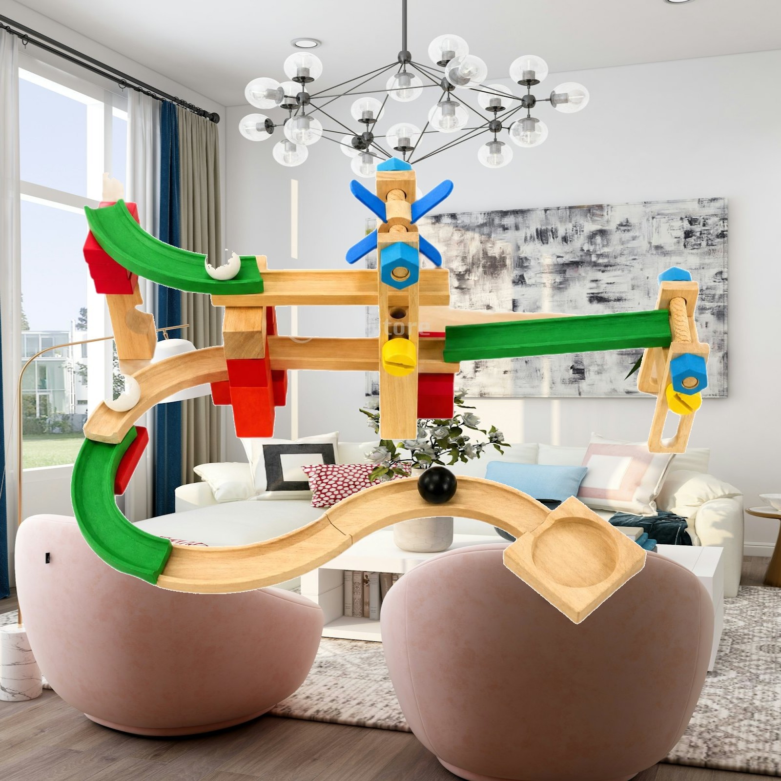 子供向けの木製マーブルコース玩具セット。傾斜路や曲線レールが - Marble Coaster Set のレビューと価格