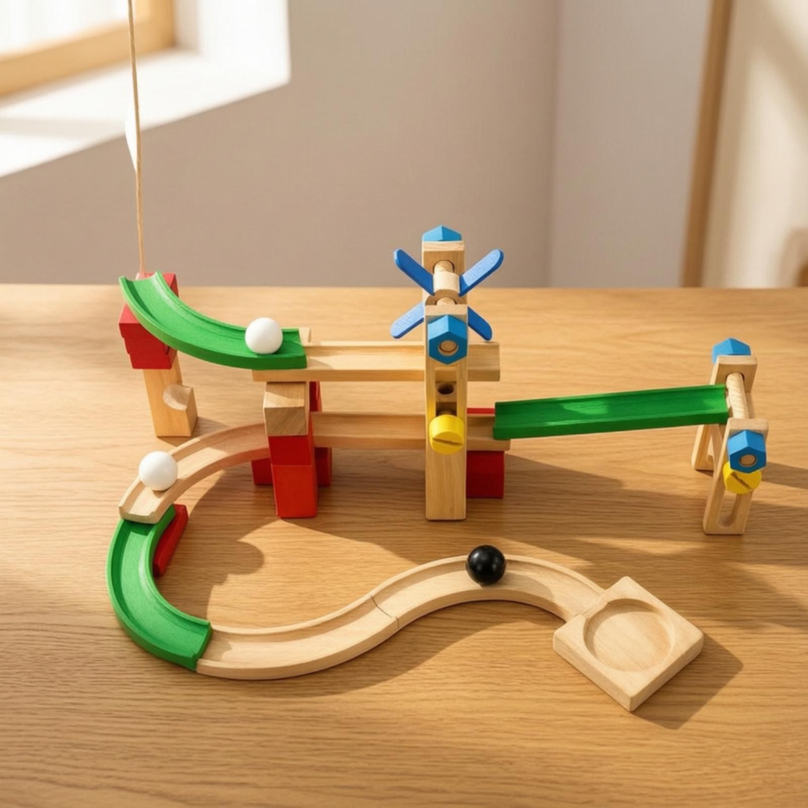 子供向けの木製マーブルコース玩具セット。傾斜路や曲線レールが - Marble Coaster Set のレビューと価格