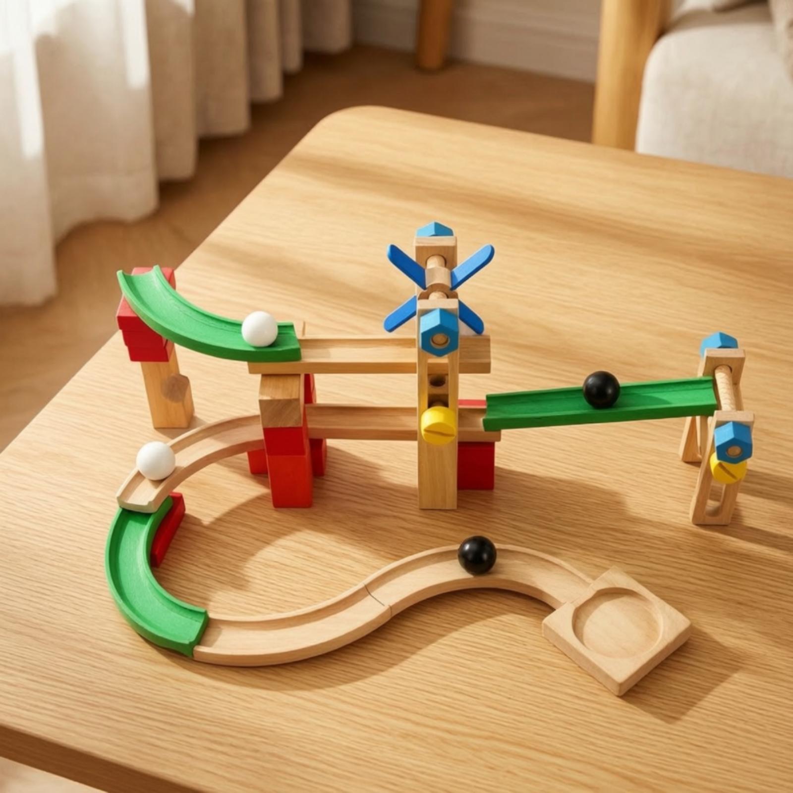 子供向けの木製マーブルコース玩具セット。傾斜路や曲線レールが - Marble Coaster Set のレビューと価格