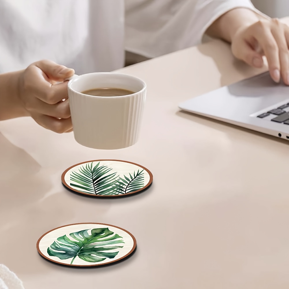 5個の熱帯植物の葉模様の木製コースター、創造的な芸術的な家の - Marble Coaster Set のレビューと価格