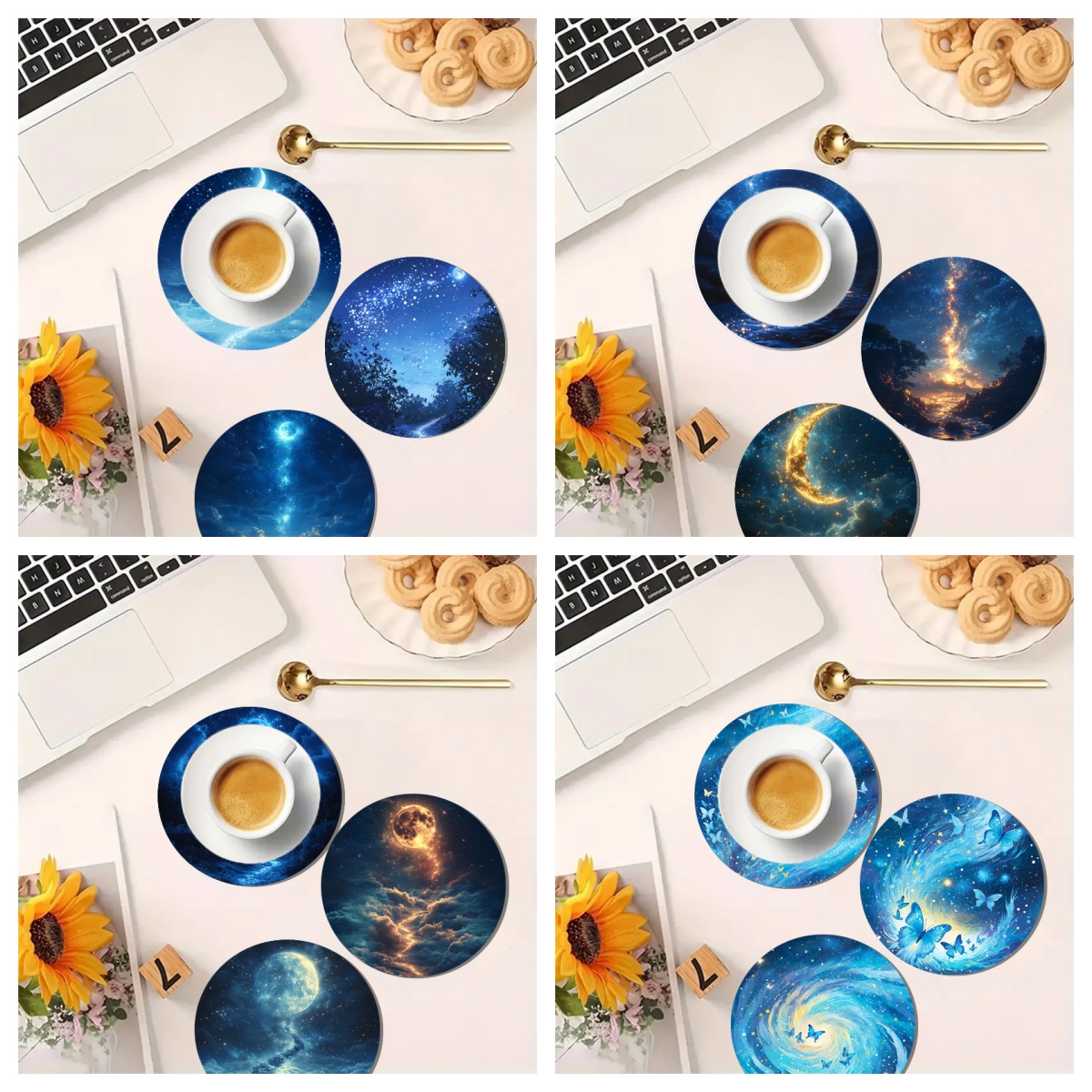 カラフルな星空アートコースター4点セット、滑り止め木製コース - Marble Coaster Set のレビューと価格