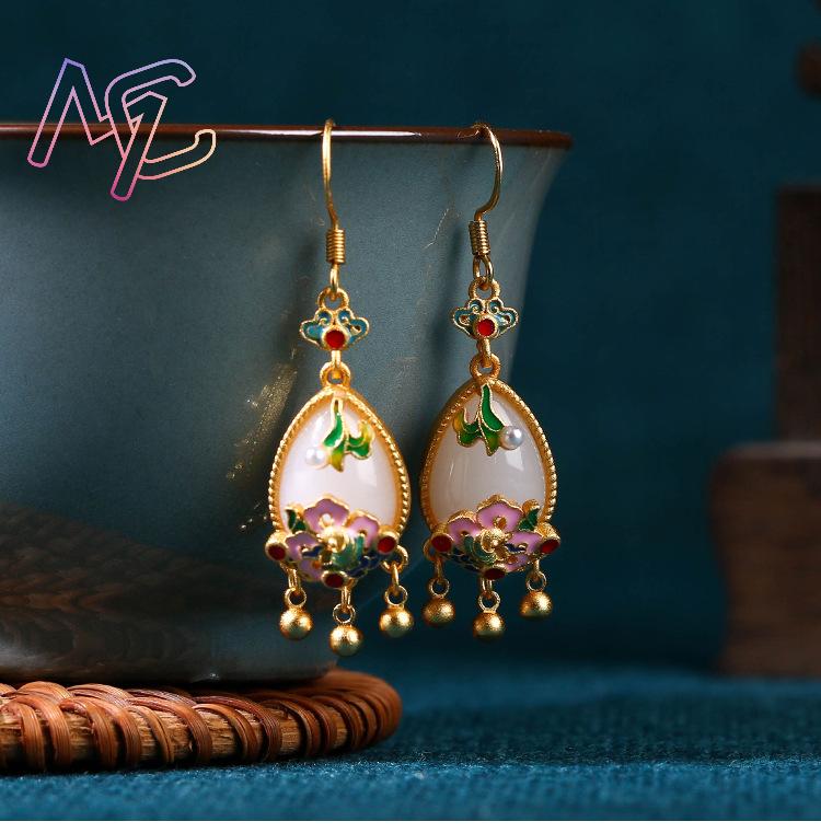 天然翡翠フラワーイヤリングチャームアミュレットデザイナーリア - Gold Plated Jewelry のレビューと価格