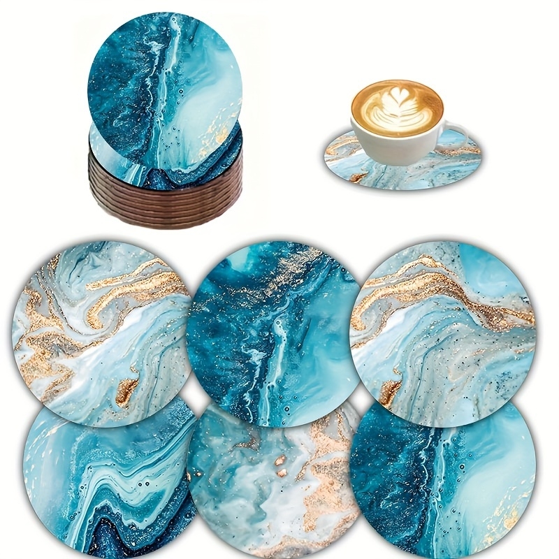 2Dフラット6個入りブルーオーシャン丸型木製コースター＆プレ - Marble Coaster Set のレビューと価格
