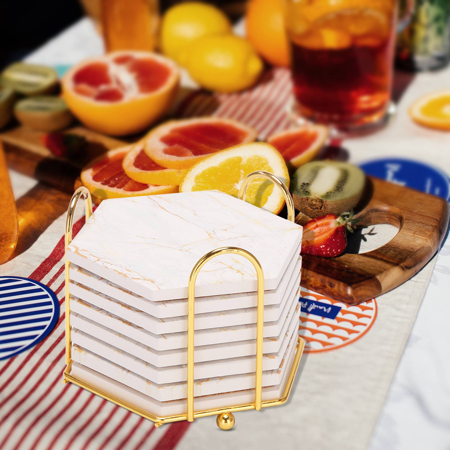A69E8 PC製ドリンク用コースター、ホルダー付き、大理石 - Marble Coaster Set のレビューと価格